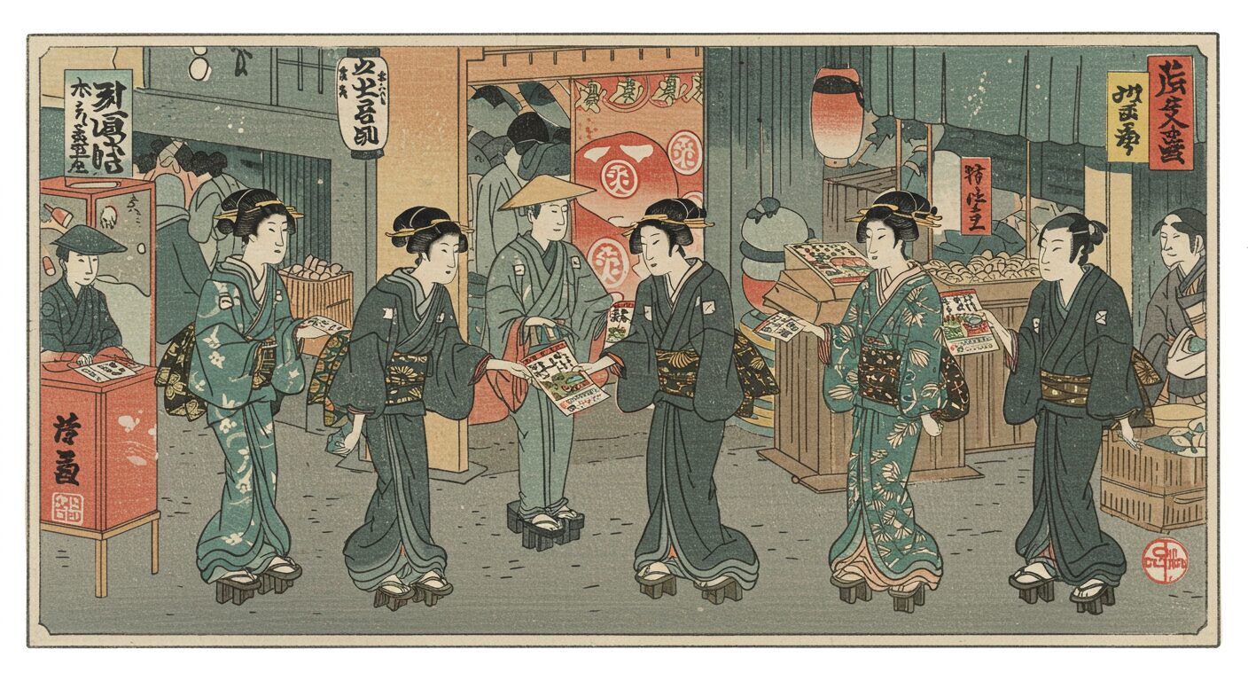 Ukiyo-e style of handing out flyers in the city