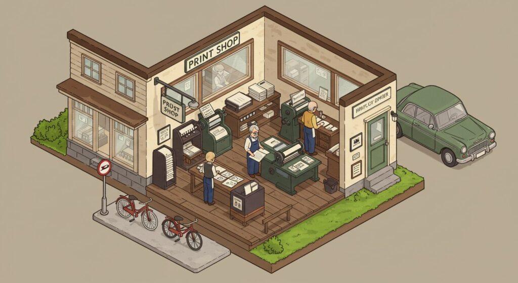 Isometric illustration of a small town printing company