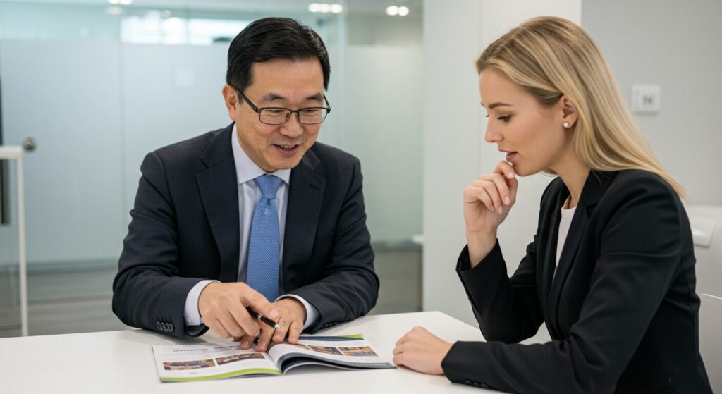 会社案内を見ながら顧客と打ち合わせをする様子