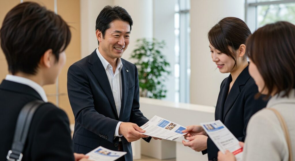 会社案内パンフを配るサラリーマン