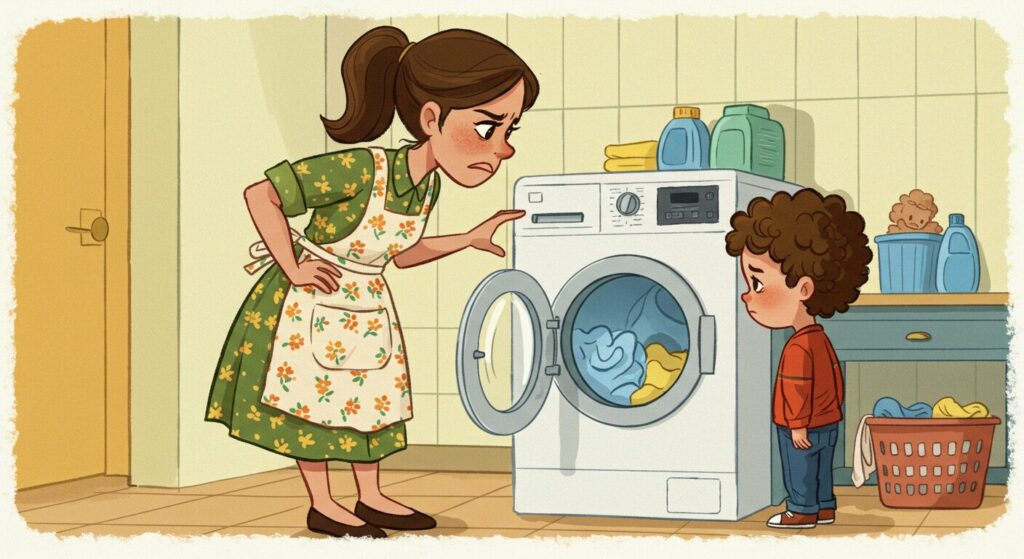 子供が洗濯機の前でママに怒られているイラスト