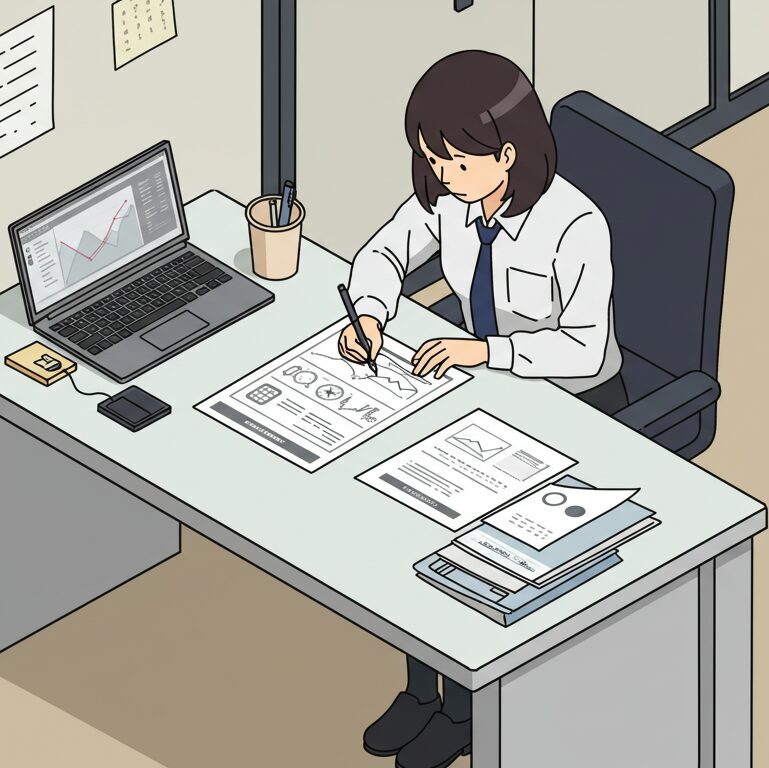 Isometric illustration of a Japanese office worker writing a proposal