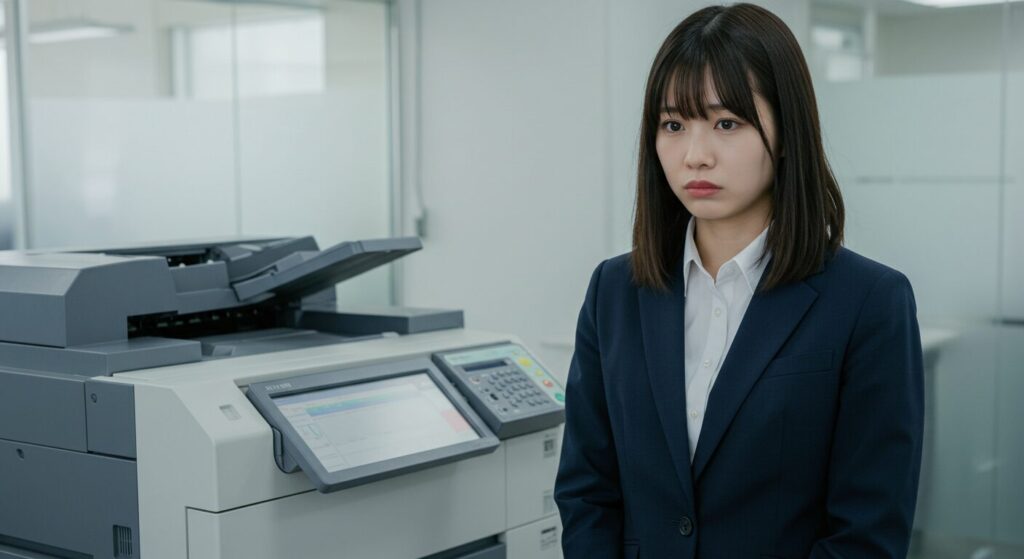 コピー機の前で困り顔の女性社員